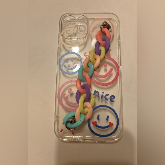 iPhone 13 Clear Colorful Happy Face Designed Handheld Chain Strapped Phone Case - Picture 5 of 5